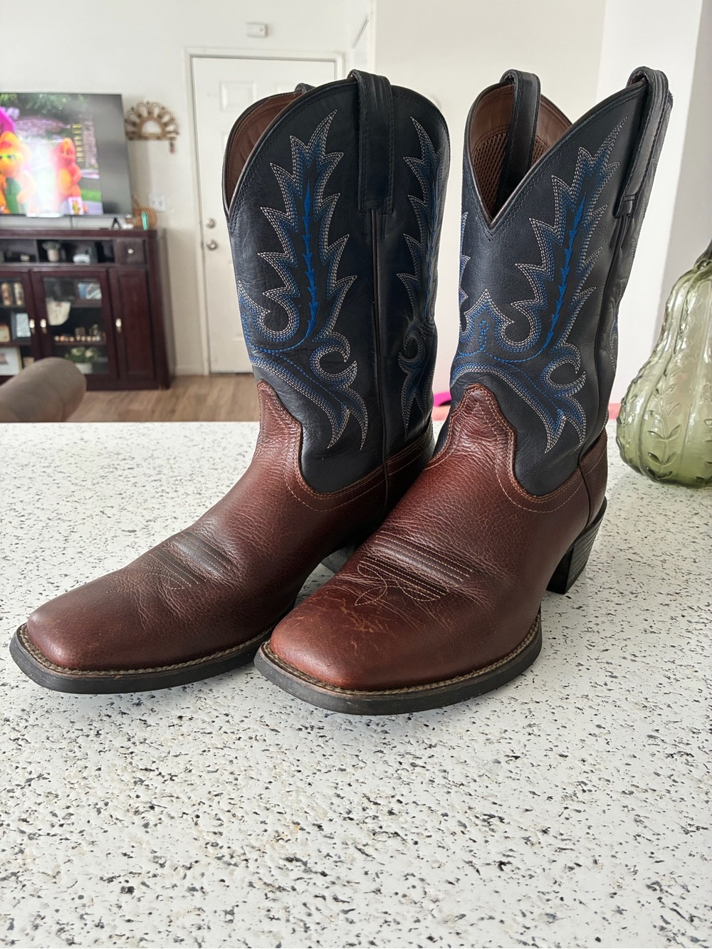 Ariat Brown Foot & Black Shaft Cowboy Boots with Blue Stitching